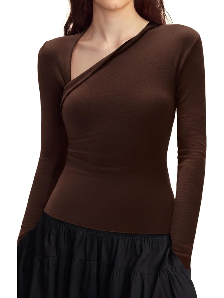 Women's Dark Brown Long Sleeve Asymmetric Neck Modal Cashmere Casual Tops Shirts